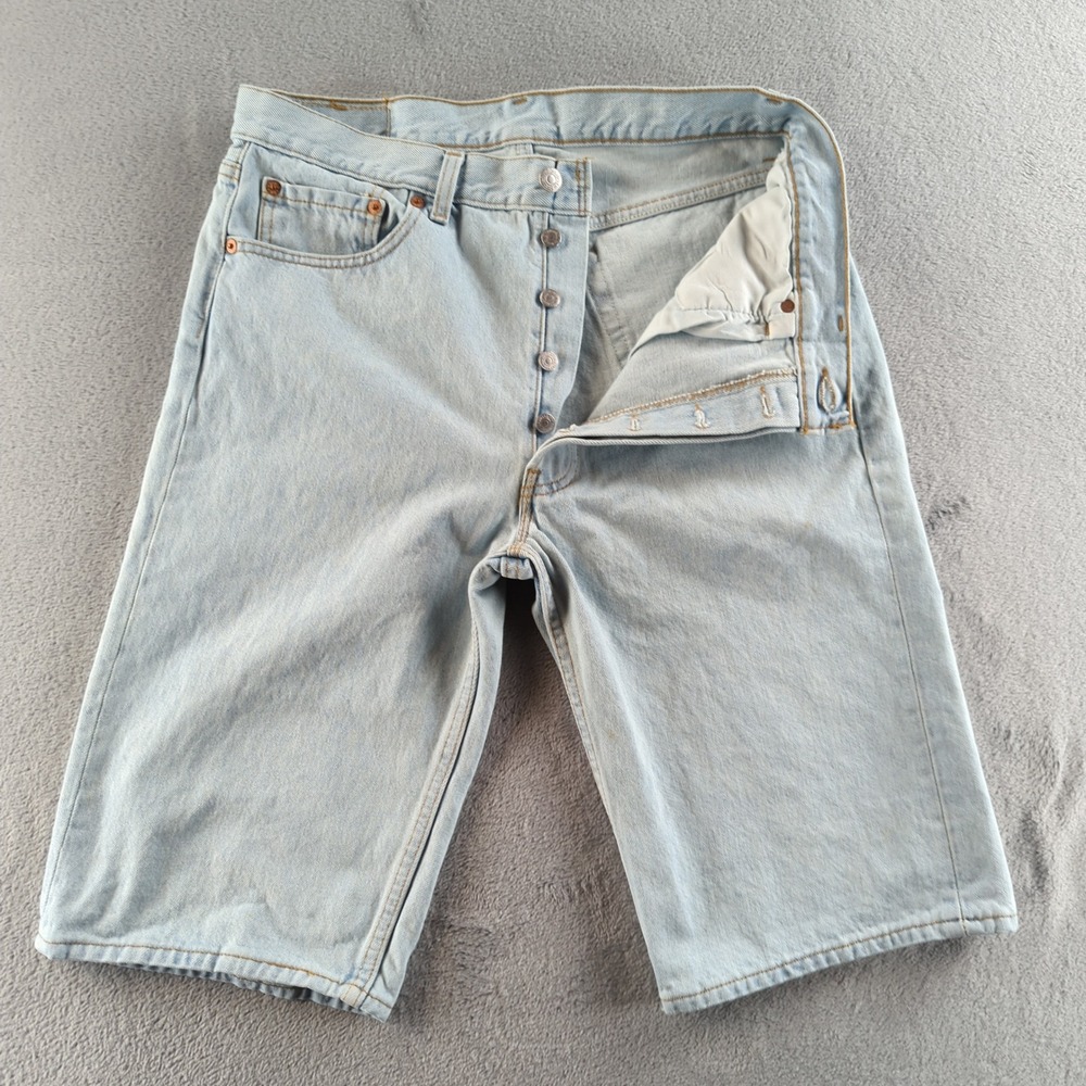 Vintage 90s Levis 501 Jean Shorts Mens 34 Blue Light Wash Faded Button Fly USA